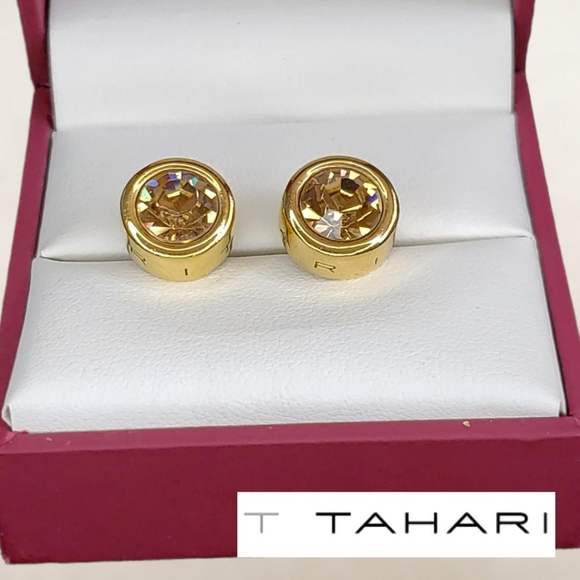 T TAHARI Logo Gold Tone Topaz Round Shaped Post Earrings - Picture 3 of 13